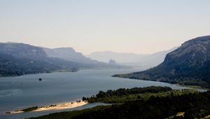 Превью обои горы, море, пролив, остров, пейзаж