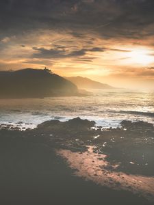 Превью обои горы, море, рассвет, берег