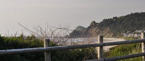 Превью обои горы, море, ветки, берег, вид, природа