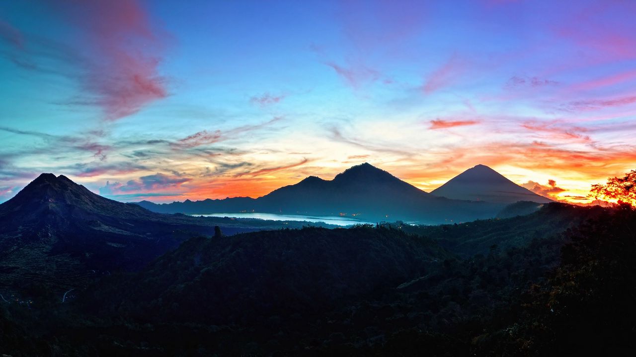 Обои горы, небо, бали, восход солнца, кинтамани, индонезия