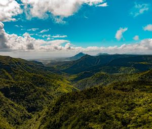 Превью обои горы, небо, облака, вид сверху, леса
