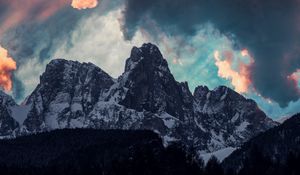 Превью обои горы, облака, деревья, снег