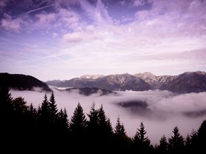 Превью обои горы, облака, деревья, пейзаж, высота