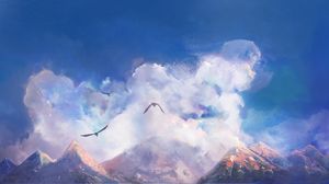 Превью обои горы, облака, птицы, арт