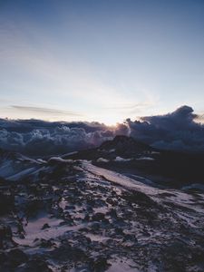 Превью обои горы, облака, рассвет, пейзаж, вид сверху