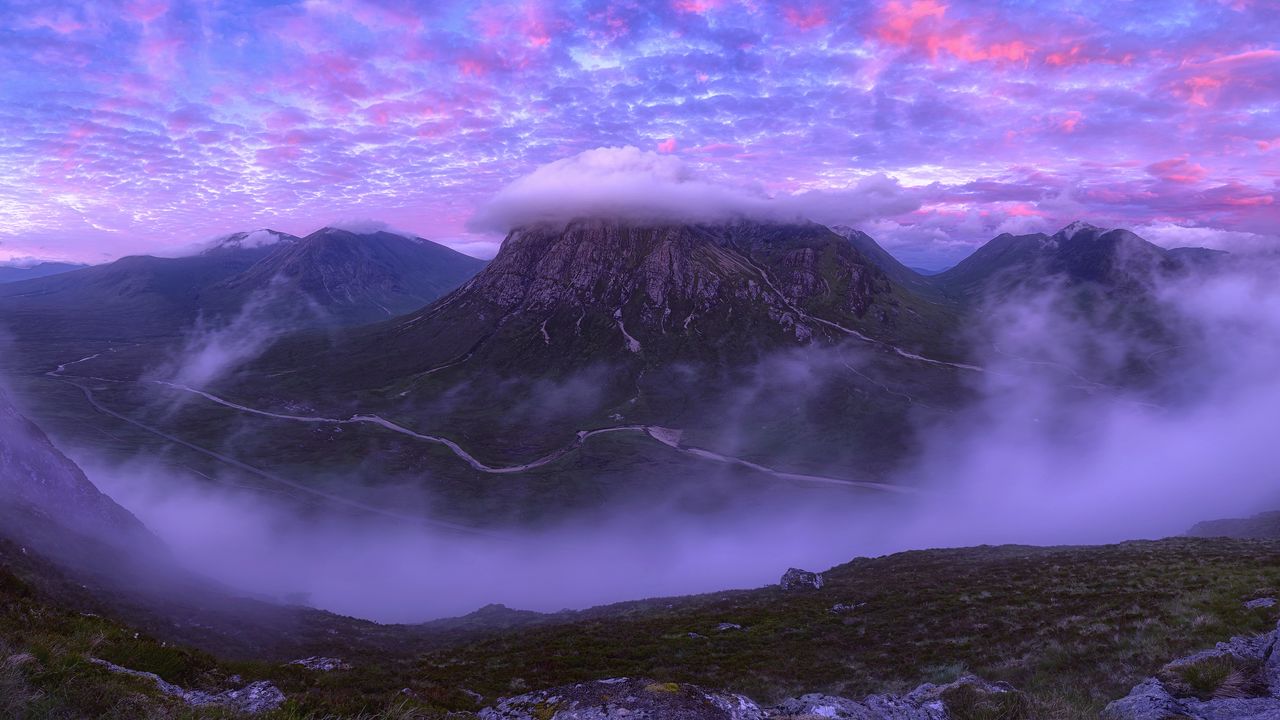 Обои горы, облака, вершина, шотландия, розовый