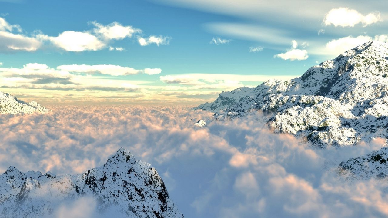Обои горы, облака, высота, снег, лазурь, чистота, пелена, узоры, покров, ясность