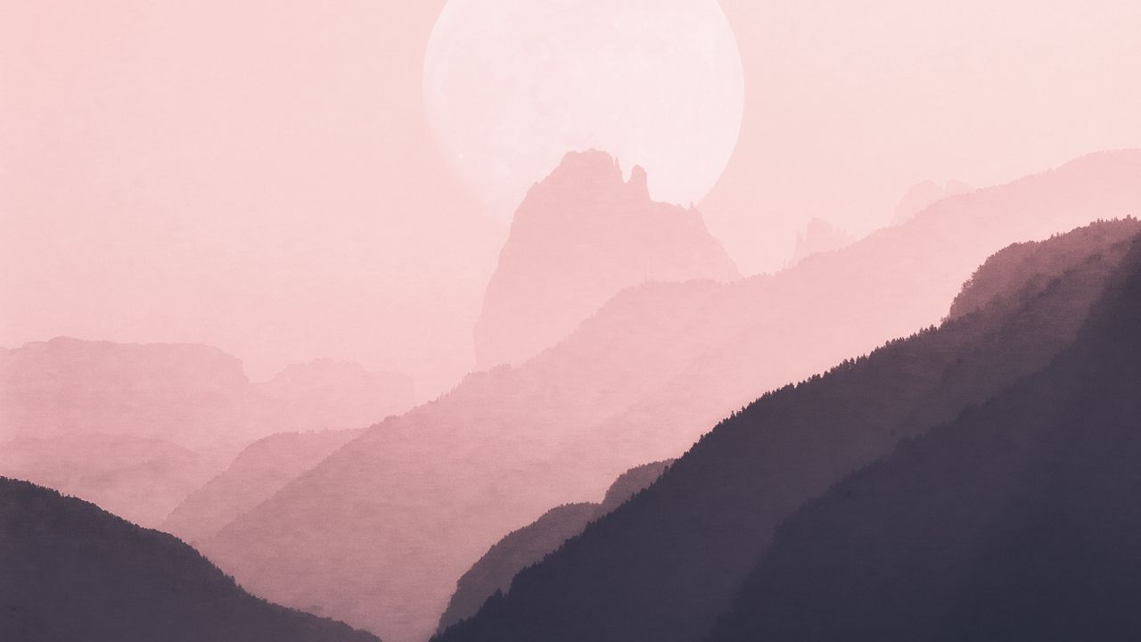 Обои горы, очертания, луна, розовый