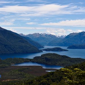 Превью обои горы, острова, река, пейзаж, природа