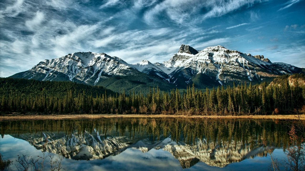 Обои горы, отражение, лес, канада, цвета