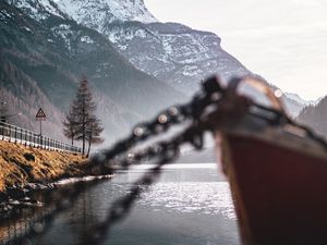 Превью обои горы, озеро, берег, лодка, пейзаж