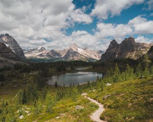 Превью обои горы, озеро, деревья, тропинка, пейзаж, природа