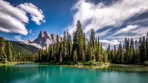 Превью обои горы, озеро, ель, лес, небо