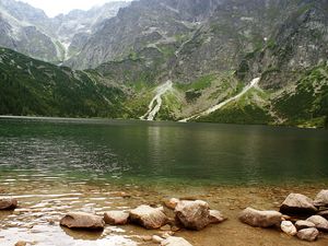 Превью обои горы, озеро, камни