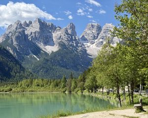 Превью обои горы, озеро, лес, деревья, вода, природа