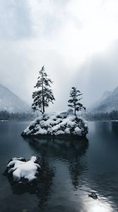 Превью обои горы, озеро, лес, деревья, туман, снег, зима