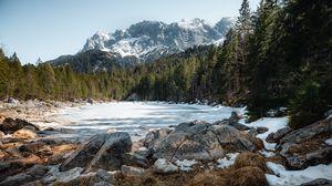 Превью обои горы, озеро, лес, деревья, пейзаж, природа