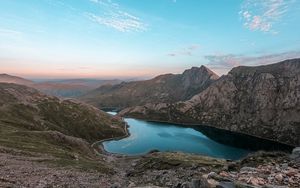 Превью обои горы, озеро, пейзаж, вершины