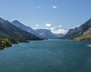 Превью обои горы, озеро, скалы, небо, облака
