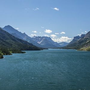 Превью обои горы, озеро, скалы, небо, облака