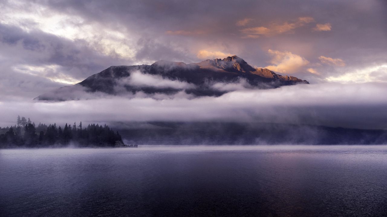 Обои горы, озеро, туман, облака, вершины, квинстаун, новая зеландия