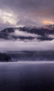 Превью обои горы, озеро, туман, облака, вершины, квинстаун, новая зеландия
