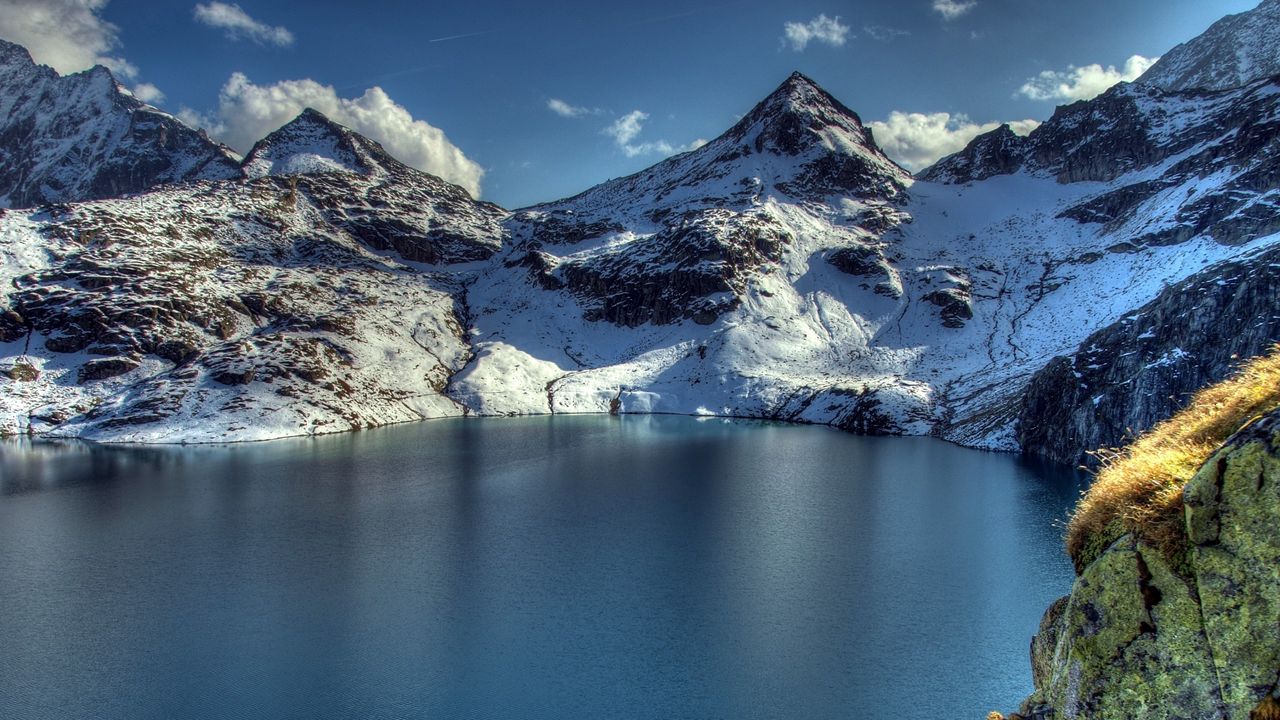 Обои горы, озеро, вершины, снег