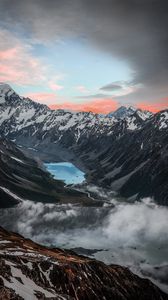 Превью обои горы, озеро, вид сверху, заснеженный, облака, пейзаж