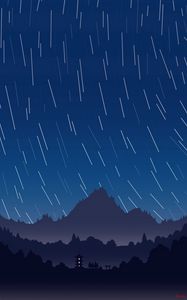 Превью обои горы, пагода, ночь, звездное небо, темный, арт
