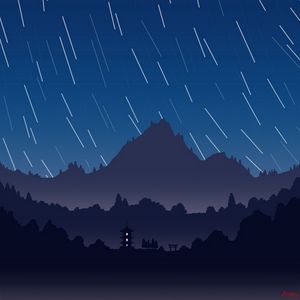 Превью обои горы, пагода, ночь, звездное небо, темный, арт