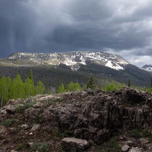 Превью обои горы, пейзаж, лес, деревья, камни