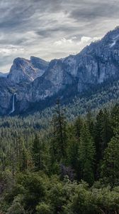 Превью обои горы, пейзаж, скалы, долина, лес