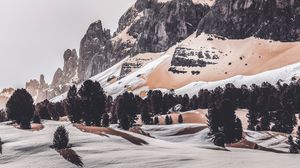 Превью обои горы, пейзаж, зима, деревья, снег