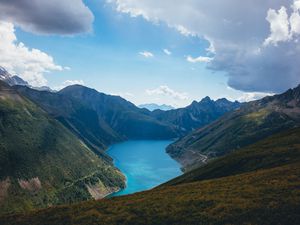Превью обои горы, природа, пейзаж, облака, озеро