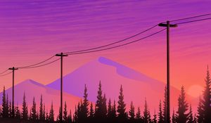 Превью обои горы, провода, фиолетовый, арт