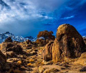 Превью обои горы, пустыня, камни, небо, hdr