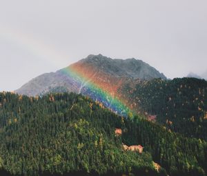 Превью обои горы, радуга, пейзаж, лес, деревья