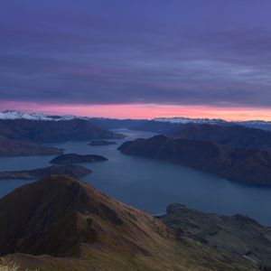 Превью обои горы, рассвет, озеро, вид сверху, новая зеландия