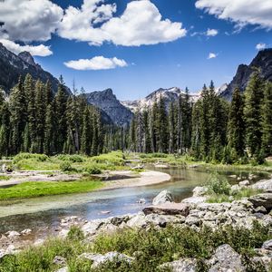 Превью обои горы, река, деревья, природа, пейзаж