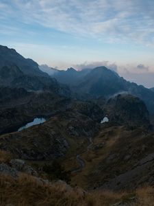 Превью обои горы, река, долина, облака, трава