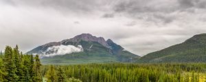 Превью обои горы, река, ель, лес, облака, небо