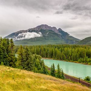 Превью обои горы, река, ель, лес, облака, небо