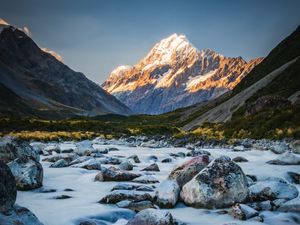 Превью обои горы, река, камни, пейзаж, природа