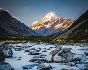 Превью обои горы, река, камни, пейзаж, природа