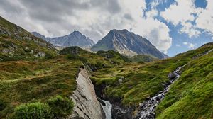 Превью обои горы, ручей, камни, трава, рельеф