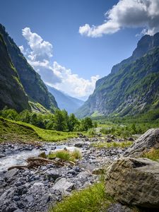 Превью обои горы, скалы, кусты, река