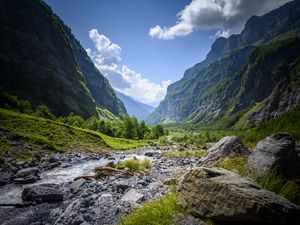 Превью обои горы, скалы, кусты, река