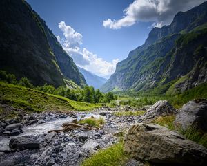 Превью обои горы, скалы, кусты, река