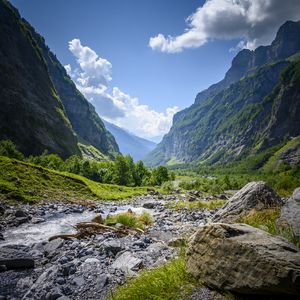 Превью обои горы, скалы, кусты, река