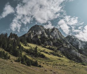 Превью обои горы, скалы, облака, пейзаж, предгорье